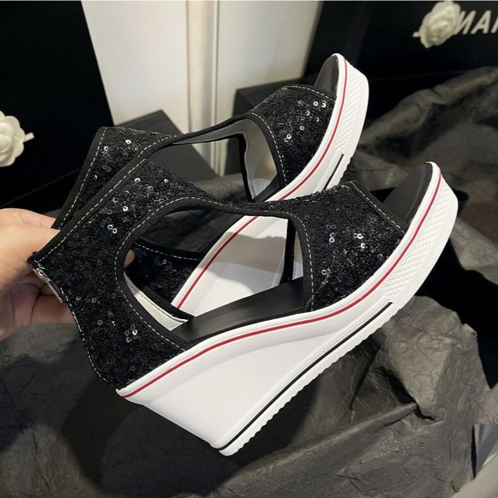Sandals Women's Summer Slope Heel Open-toed Hollowed-out Women's Shoes 2025 New Version 8CM Beaded High-top Fish Mouth Sandals