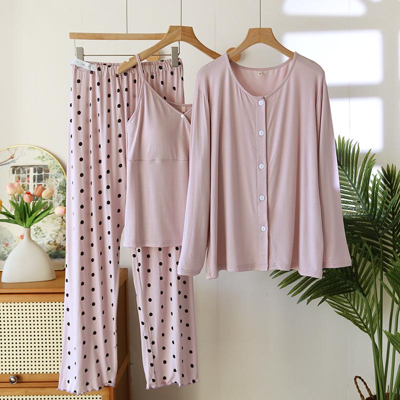 Postpartum Spring/Summer Modal Three-Piece Set: Long Sleeve & Pants for Breastfeeding
