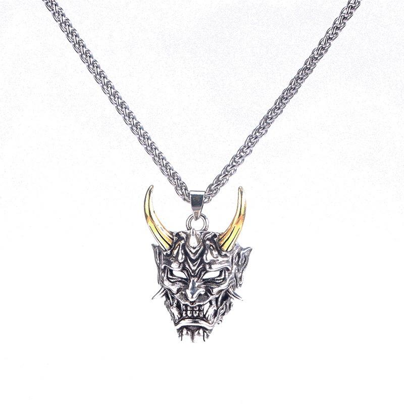 Vintage Golden Horn Hannya Ghost Mask Pendant Men Long Hip Hop Sweater Necklace