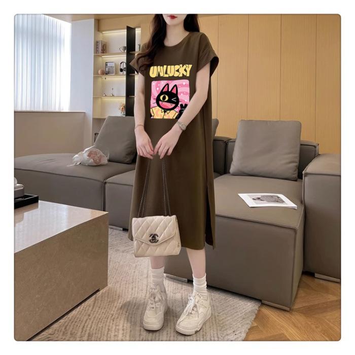 Women's Short-sleeved T-shirt Slit Dress Summer Mid-length Over-the-knee Dress Plus-size Age-reducing Clothes