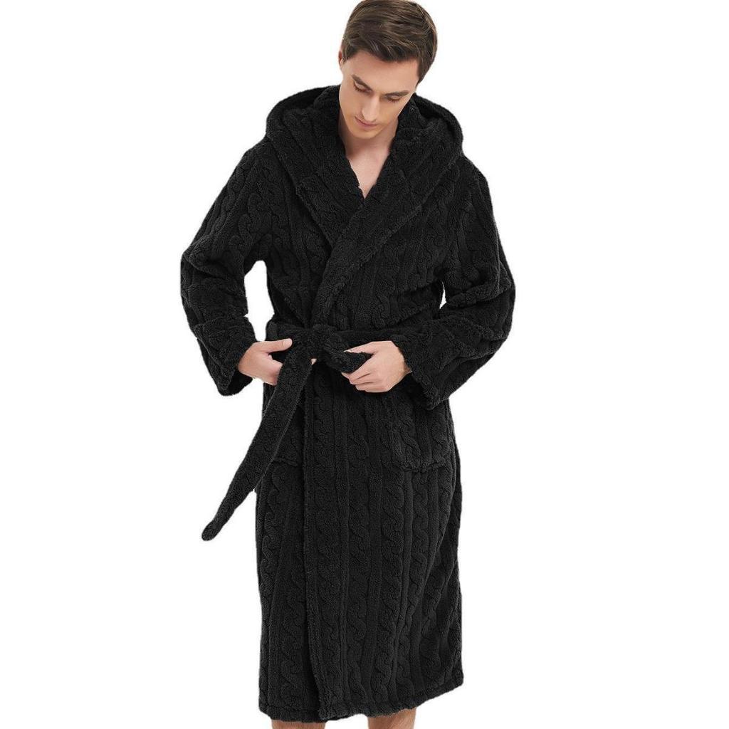 Large Cotton Velvet Jacquard Hooded Men's Nightgown - European & American Style, Thickened for Autumn/Winter, Unisex.