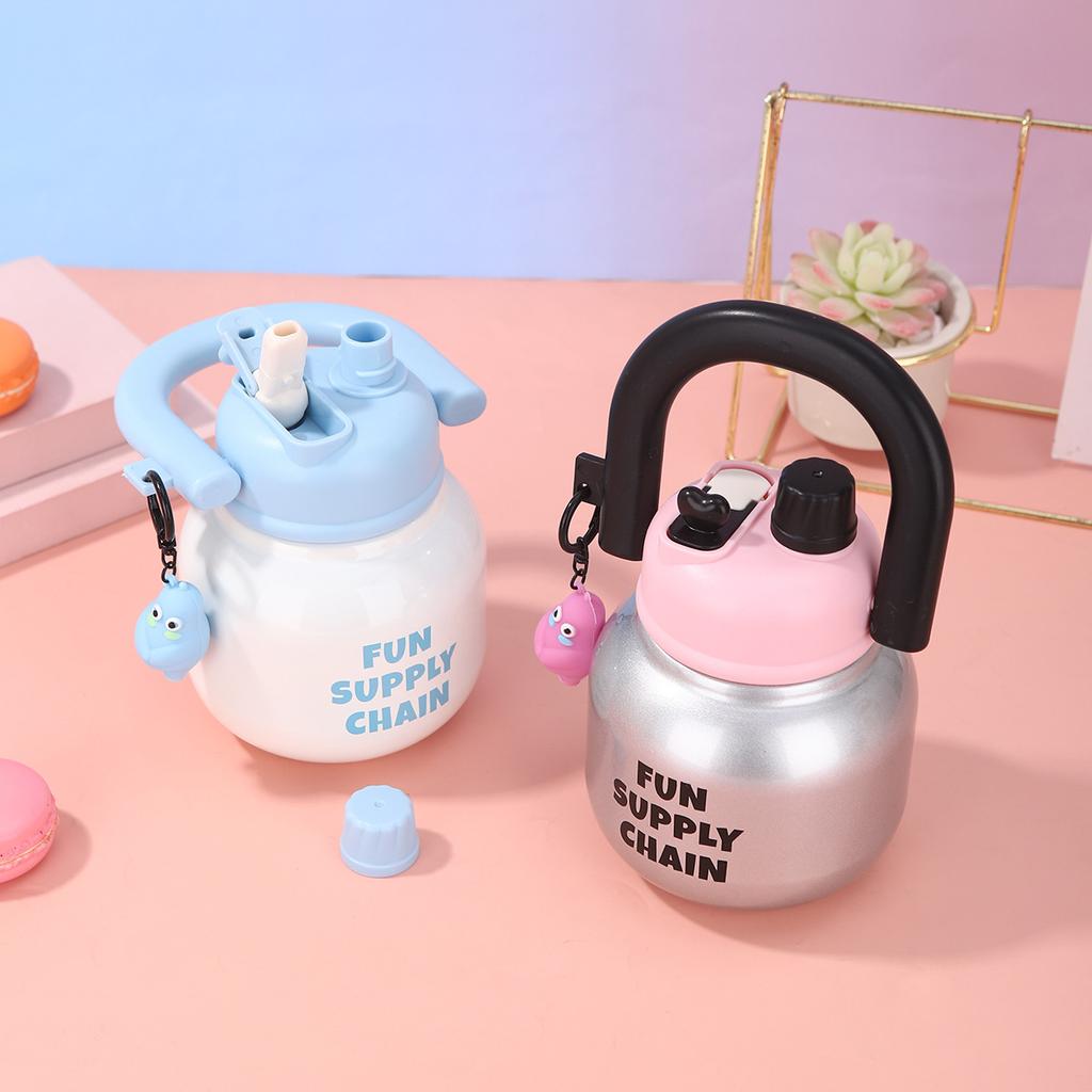 New High Appearance Level Stainless Steel Thermos Cup Cute Double Drink Carrying Pot Outdoor Portable Cup with Straw