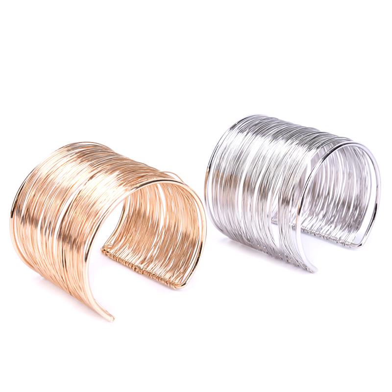 Women Multilayer Metal Wires Strings Open Bangle Wide Cuff Bracelet Jewelry