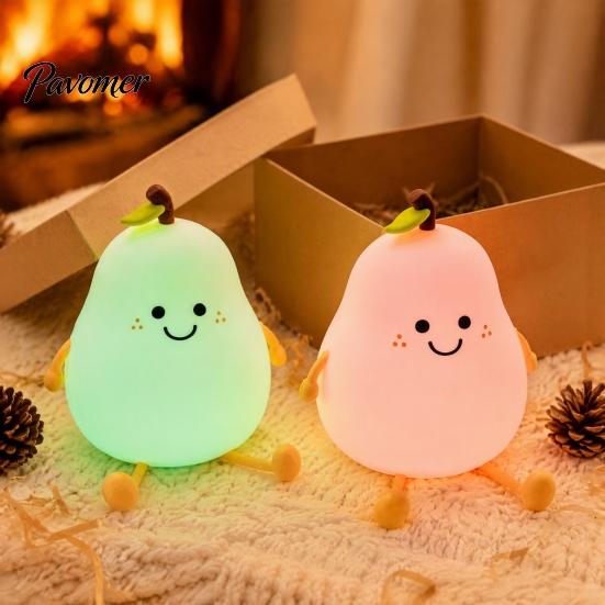 Fun Desk Ornament for Girls Pear Silicone Night Light, Touch Rechargeable Tapping Bedside Lamp, Portable LED Light Bedroom Cute Warm Atmosphere