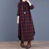Frühling und Herbst Damenmode Lockeres Spleißen Karomuster Kragen Knopf Langarmkleid Mittellang Hemd Maxikleider