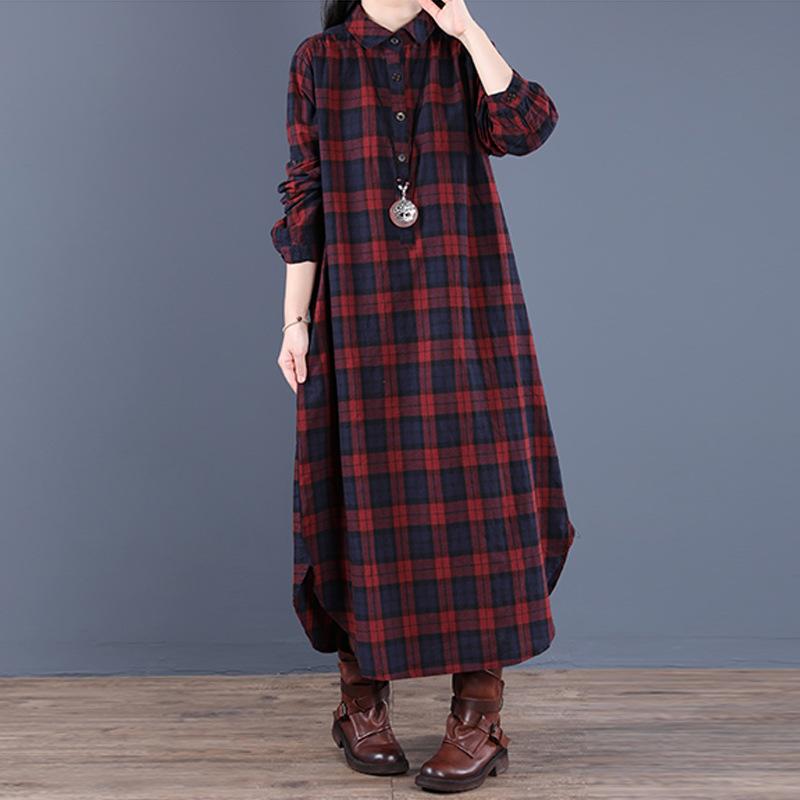 Frühling und Herbst Damenmode Lockeres Spleißen Karomuster Kragen Knopf Langarmkleid Mittellang Hemd Maxikleider