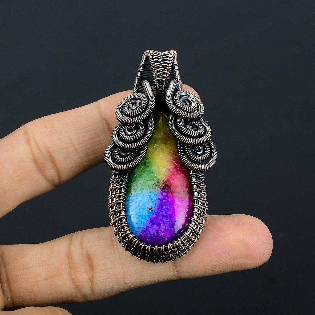 Rainbow Solar Quartz 999 Copper Wire Wrapped Pendant, Handmade Gemstone Pendant Jewelry, Gifts For Wife Brand New Pendant
