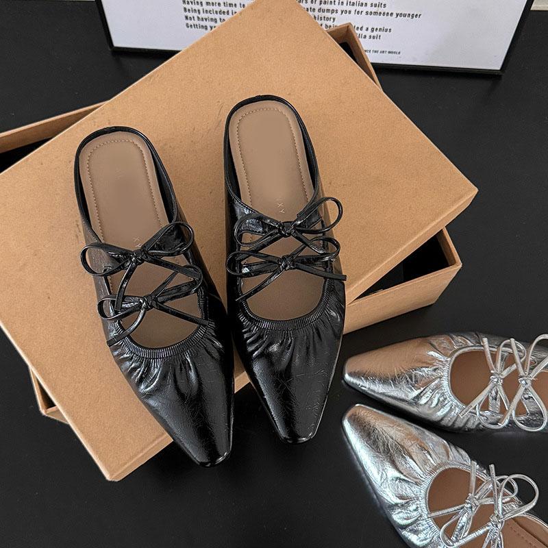 Fashion Comemore Baotou Half Slippers for Women Spring Summer Casual Mules Mary Jane Single Shoe Solid Flat Bottom Butterfly-knot Slides