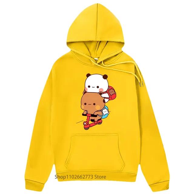 Panda and Brownie Bear Couple Bike Riding Hoodie Bubu and Dudu Print Kawaii Cute Women Long Sleeve Winter Plus Size Swaetshirt