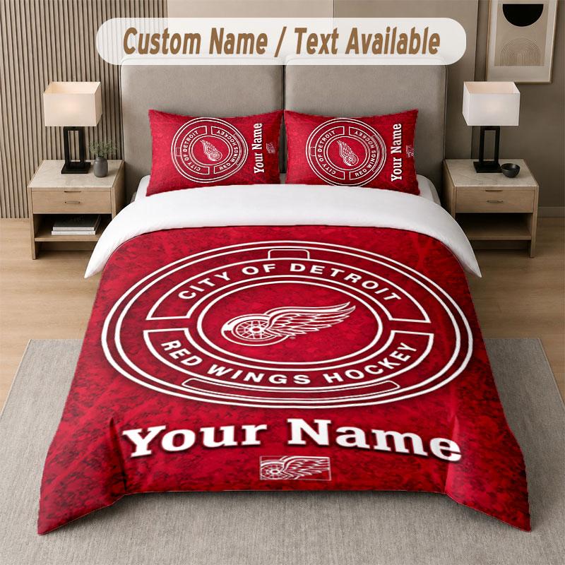 Custom Bedding Set Detroit Red Wings Pattern, Print Name Text 1 Duvet Cover Plus 2 Pillowcases Home Textile