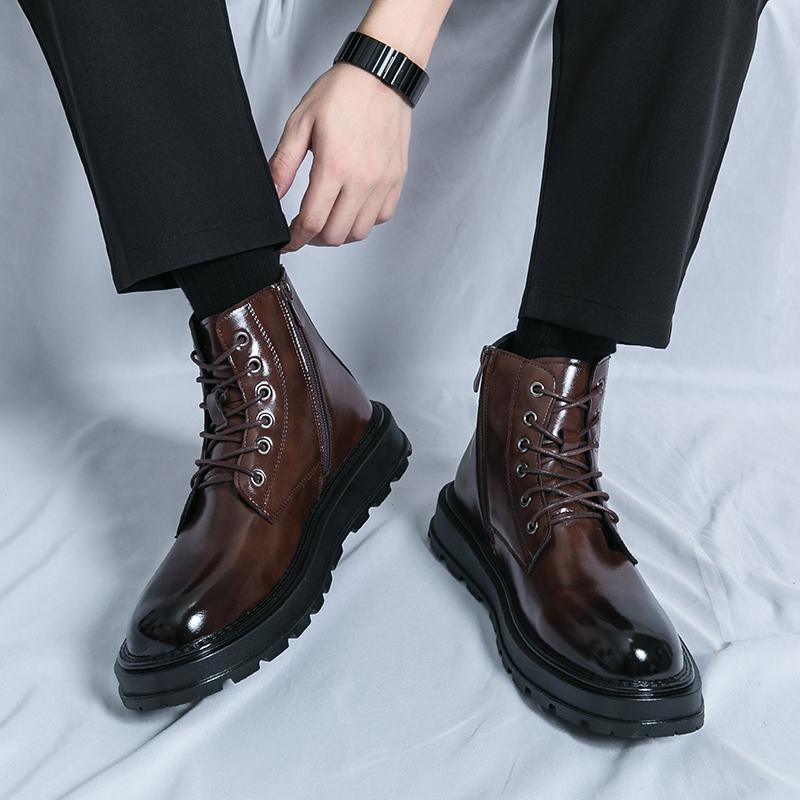 Fashion Business Men Leather Boots Fashion Personality Knight Men Boots Thick Heel Lace Up Classic Chelsea Boots High-top Leather Shoes