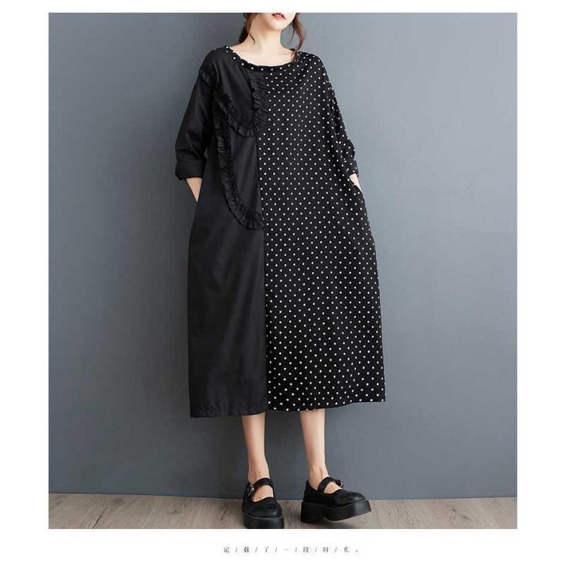 New Polka Dot Splicing Wood Ear Side Long Sleeve Dress Fashion Loose Casual A-Line Dresses