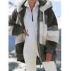 Autumn and Winter Warm Plush Patchwork Zipper Pocket Hooded Jacket for Women