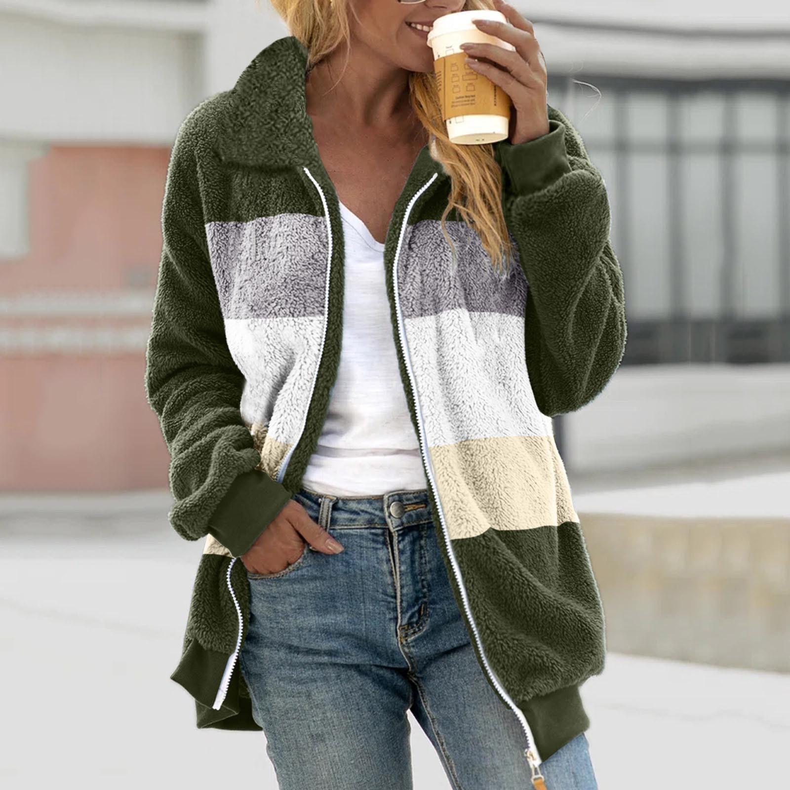 

Женская повседневная свободная плюшевая куртка с цветными блоками на молнии с отложным воротником и карманами L армия зеленый