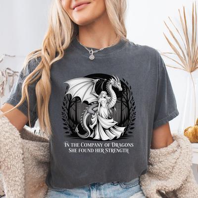In the Company of Dragons She Found Her Strength Comfort Color Shirt, Medieval Whimsigoth Fairycore, Fae Dragon Rider Woodsy Wild Woman Gift