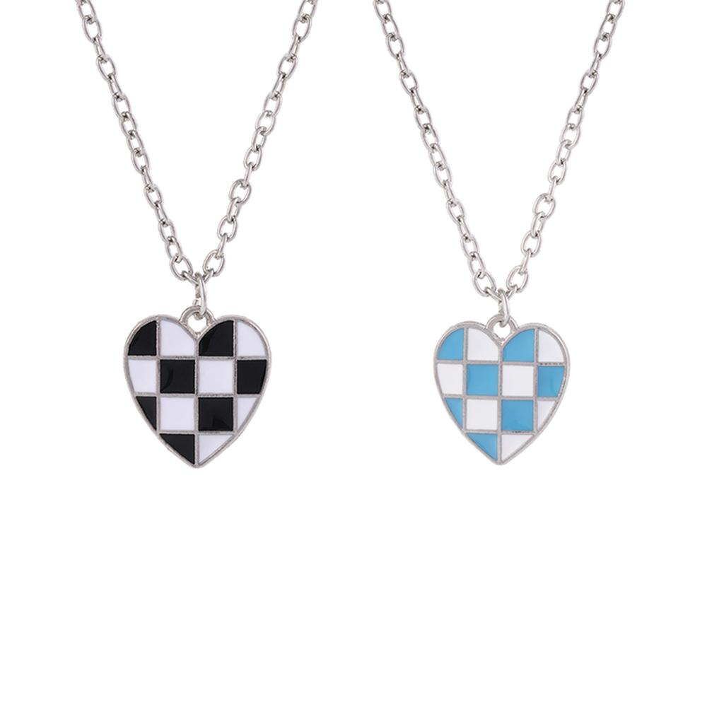 Funny Black Blue And White Plaid Heart Pendant Necklace Romantic Choker Chain For Couple Lovers Boyfriends Holiday Festival Gift