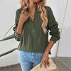 Women's Half Button Henley Shirts Pleated Notched V Neck Long Sleeve Blouses Curved Hem Loose Fit Solid Textured Tops