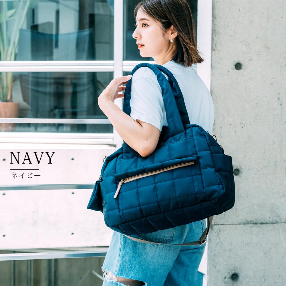 [Rename] Quilted Tote Bag, Lightweight, 2-Way Diaper Bag, Women's, Navy