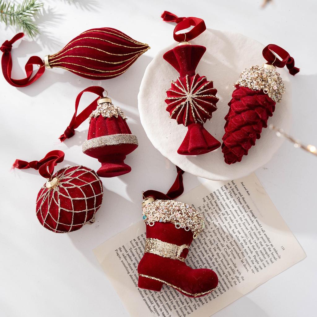 Ensemble de 6 décorations de Noël rouges pour la maison, la cheminée, les fêtes et le sapin de Noël (hiver 2025).