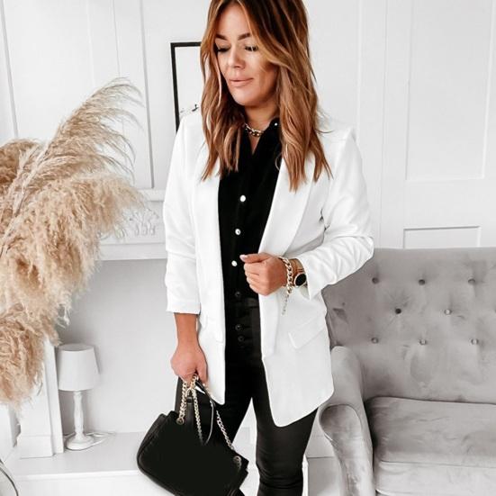 Femmes Costume Manteau Blazer Couleur Unie Point Ouvert Manches Longues Slim Fit Revers Doux Anti-rides Formel Manteau D'affaires Veste Mi-longue