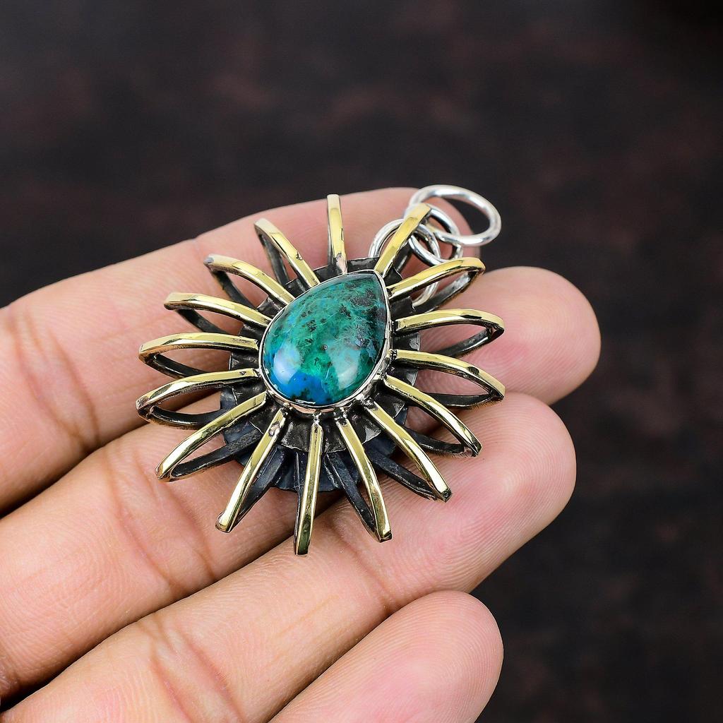 Chrysocolla Pendant Natural Gemstone Jewelry 925 Sterling Silver Pendant Handmade Pendant Cage Jewelry 18K Gold Plated Pendant Gift For Wife