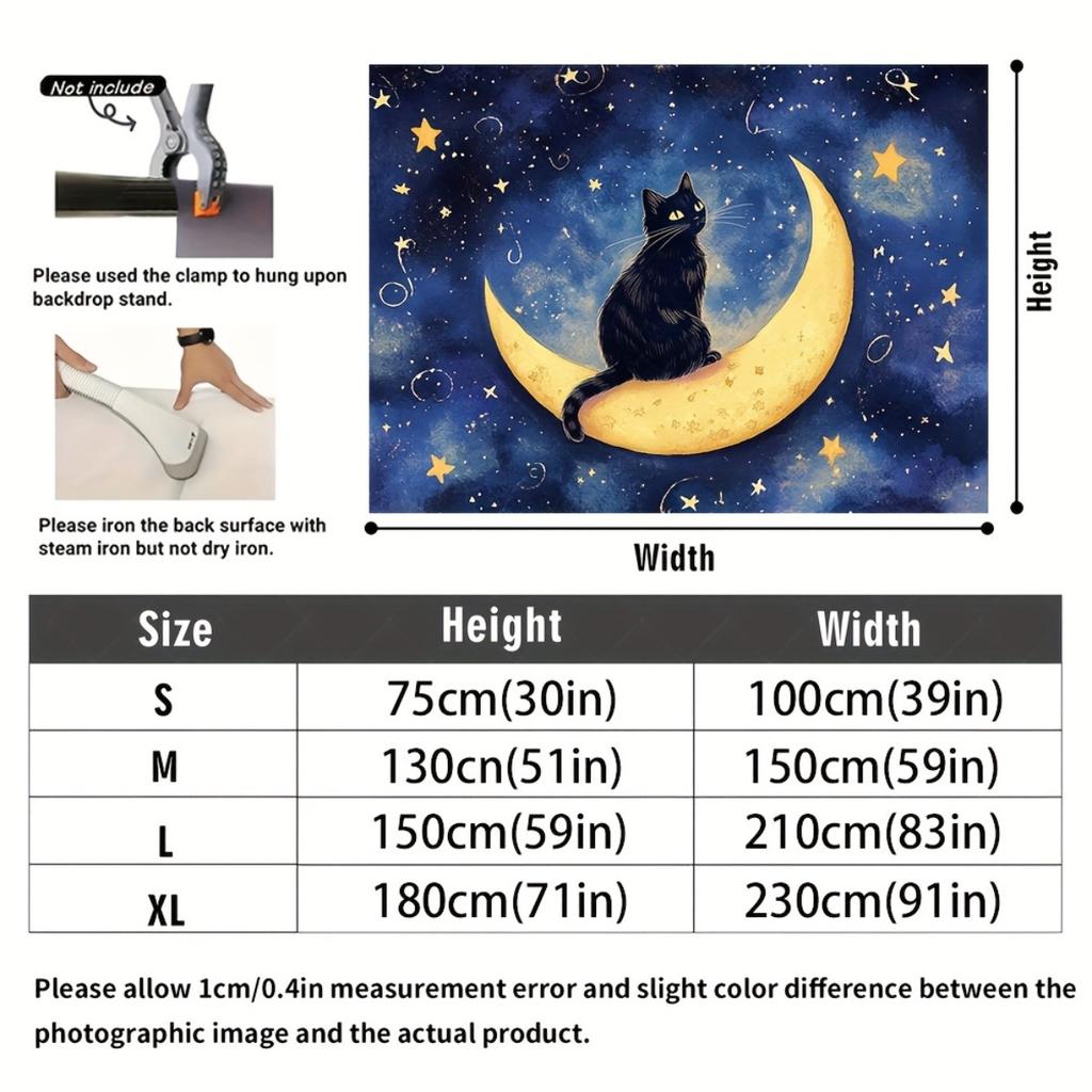 Night Sky Cat Tapestry, Watercolor Print with Black Cat On Crescent Moon, Wall Art for Living Room, Dreamy Cottagecore Decor