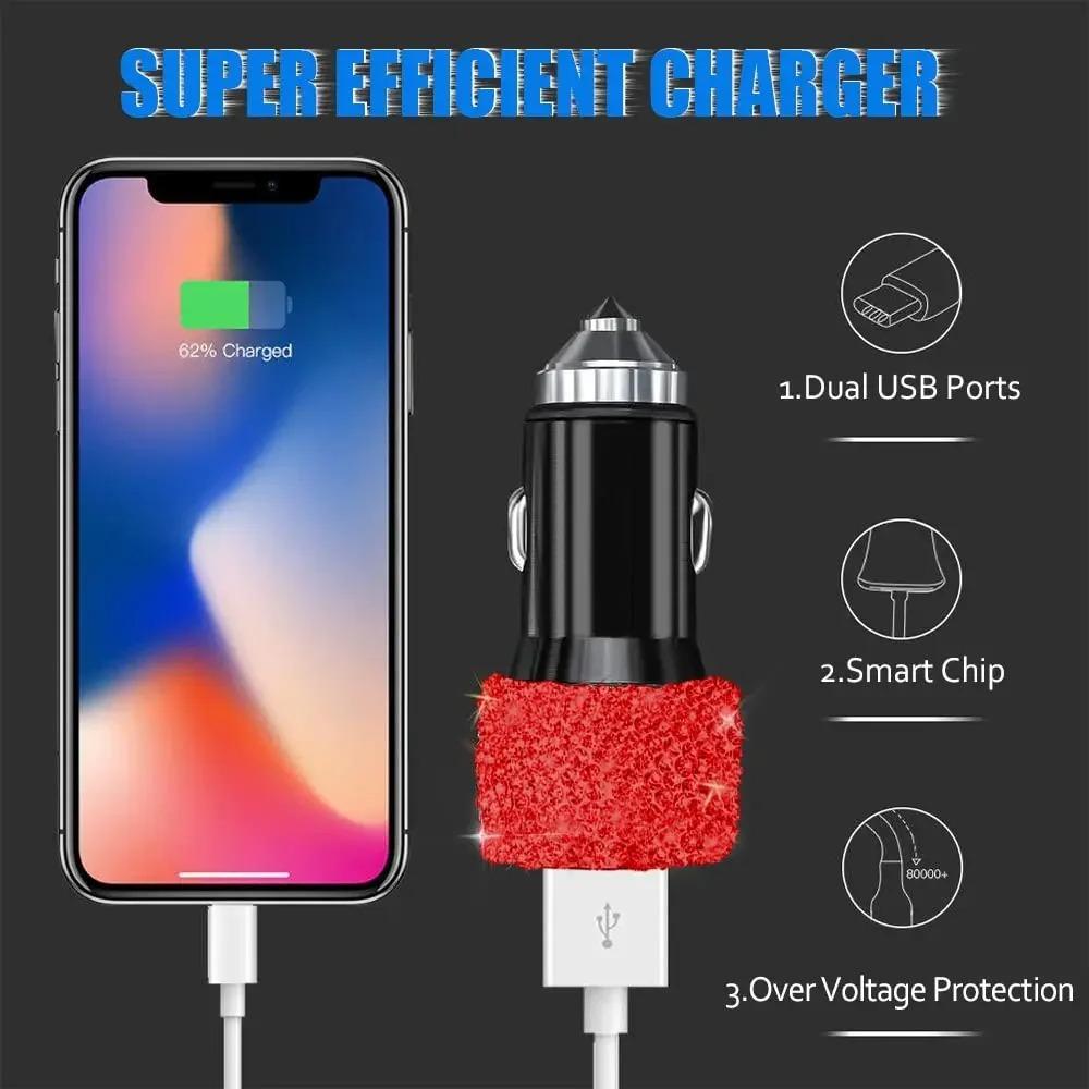 Dual USB Car Charger, Car Adapter Bling Bling Rhinestones Crystal Car Decorations for Fast Charging Car Decors