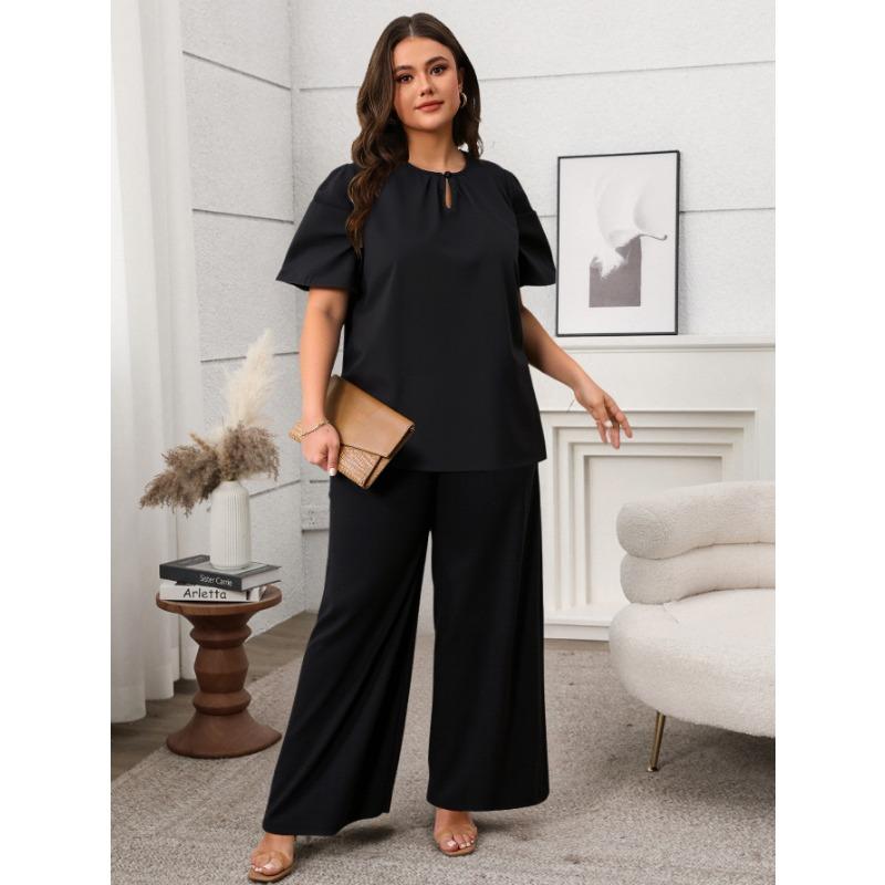 

Женский повседневный летний брючный костюм с круглым вырезом и коротким рукавом 4XL чёрный
