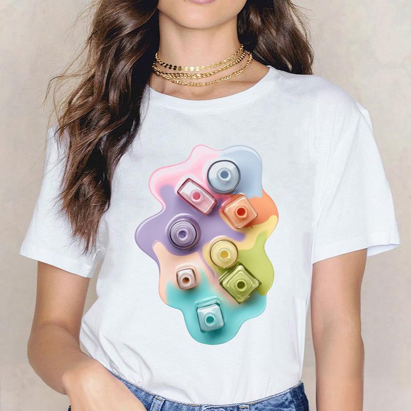 Kpop Fashion Cosmetics 3D Nail Polish Print Tees Women Y2K Tops Summer White Loose Short Sleeve O-Neck Female T-Shirts Blouses
