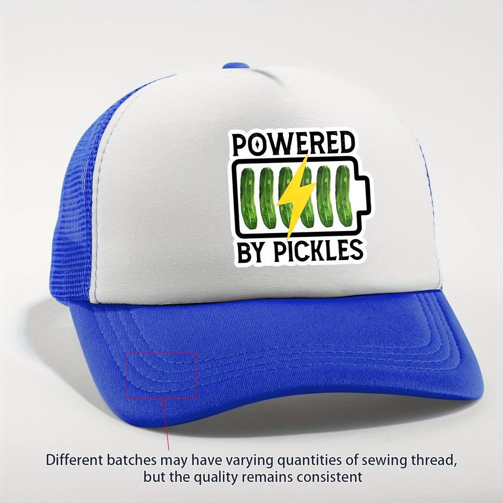 Powered By Pickles Battery Graphic Trucker Hat Breathable Mesh Adjustable Casual Cap