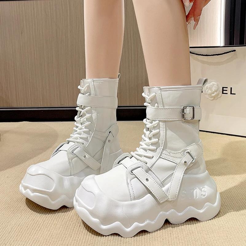 Fashion 8CM Fashion Women's Leather Punk Style Ankle Boots Autumn Winter Heels Chunky Sneakers High Platform Zip Motorcycle Boots Woman