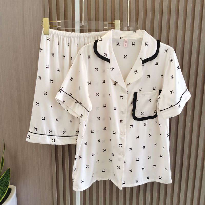 Japanese Style Bear Print Silk Touch Pajamas Women's Summer Cartoon Short Sleeve Shorts Thin Student Cool Home Wear