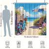 Serene Beachside Shower Curtain - Blue Bicycle, Wildflowers, Wooden Fence, Beach Umbrella, Ocean Waves, Clear Sky, Polyester