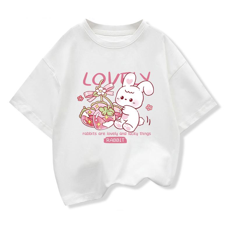Girls Lovely Rabbit Cartoon Tshirt Kids ShortSleeve Graphic Pink Tops Tee Summer Kids Clothing Loose Pure Cotton Tee