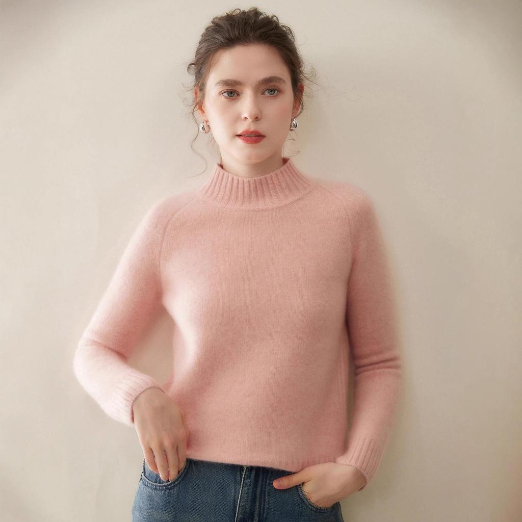 2025 Women's Three-Ply Thickened Cashmere Sweater, Half-High Neck, Raglan Sleeves, Soft Goat Cashmere Pullover Base Layer.