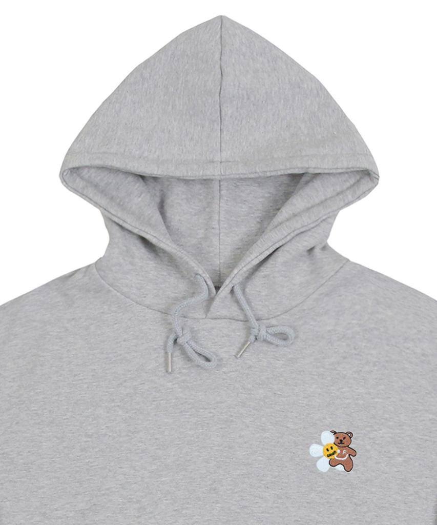 [Unisex] Flower Bear Embroidered Smile Hoodie_Gray