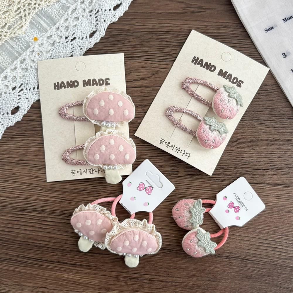 Korean Pink Strawberry & Mushroom Embroidered Lace Hair Clip for Girls