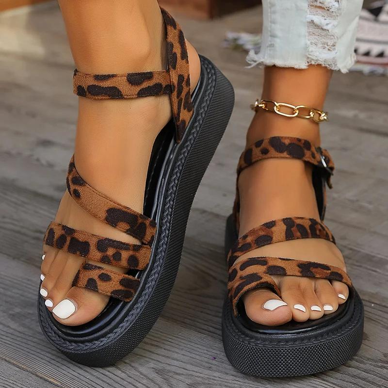Fashion Women's Leopard Flock Platform Sandals Summer New Wedge Clip Toe Sandal Ladies Fashion 2025 Thick Bottom Non Slip Snadal Mujer