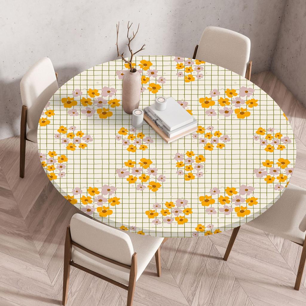 Plant Flower Patterns Round Tableclothes for Dining Table Fitted Table Protector Cover Elastic Edge Desk Decoration Waterproof