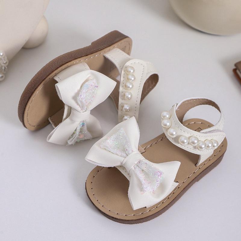 Girls' Bowknot Flat Sandals Soft-Sole Pearl Beach Shoes for Toddlers & Young Children Cute Elegant Girls Shoes Kids Shoes