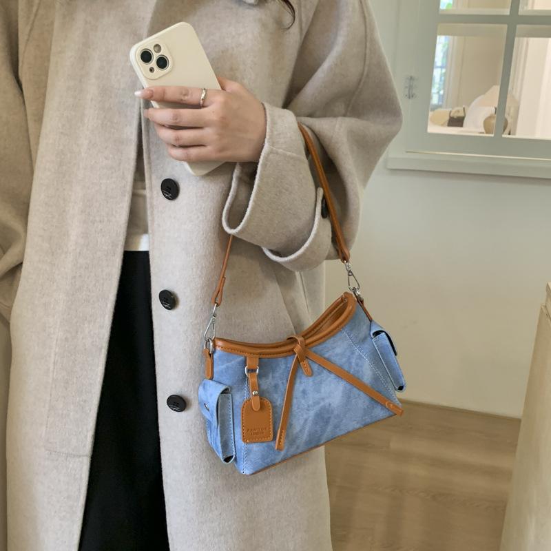 Contrasting Color Hand Bag Women's 2025 New High-end Retro Shoulder Bag To Work Commuter Messenger Bag Bucket Bag