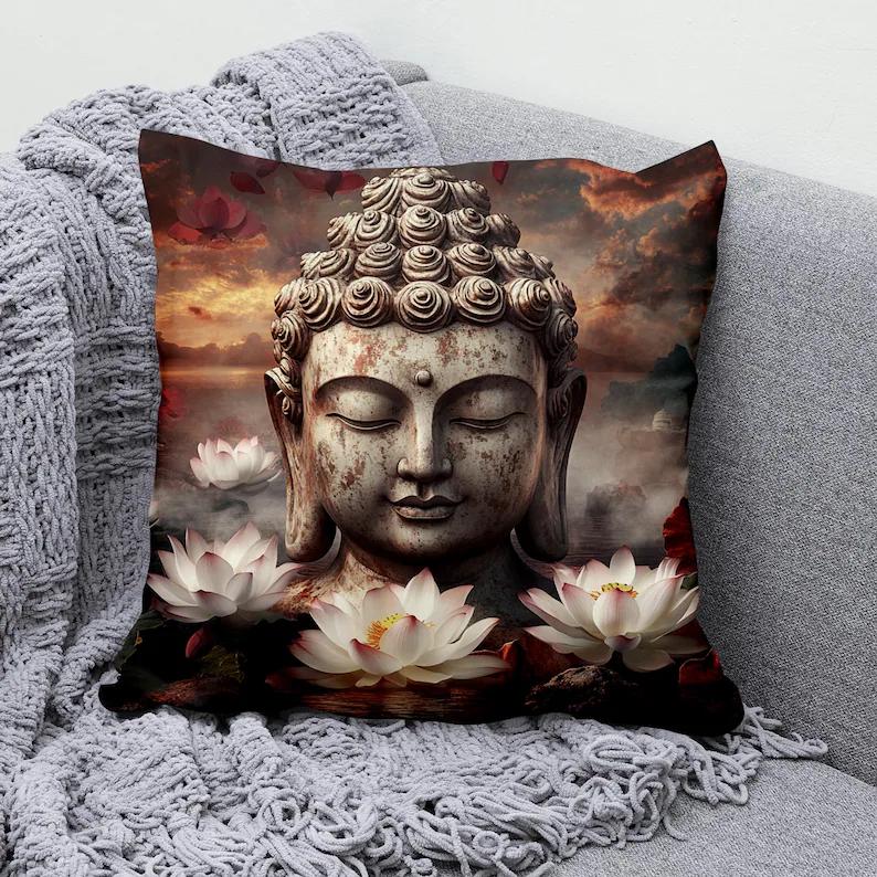 VIKAMA Buddha Statue Pillow Cover Watercolor Buddha Portrait Cushion Case For Yoga Studio Meditation Room Decor