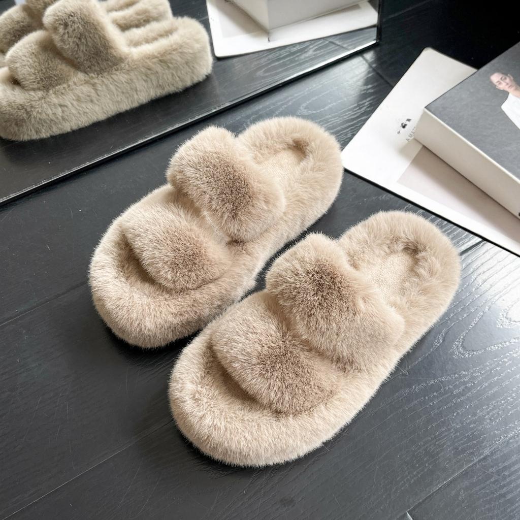 Fashion Winter New Thick Sole Cotton Sandals Women Fashion Round Head Open Toe Suede Comfort with Fluffy Flip-flops