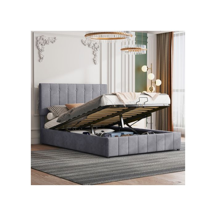 Lit Double Avec Rangement - MUVOE - 140x200 Cm - Tête De Lit Rembourrée - Pliant Hydraulique - Gris