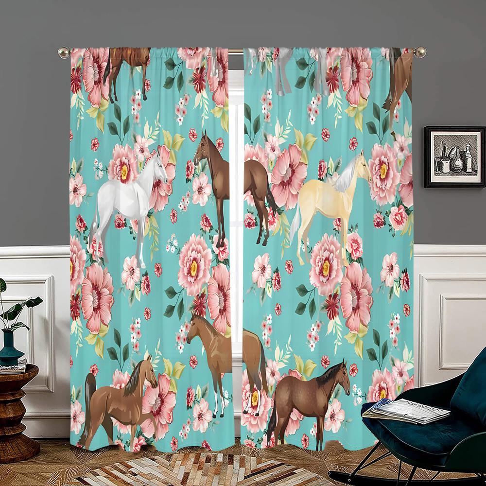 

2 Pieces, Retro Elegant Floral Animal Horse Curtains -30% Blackout - Suitable for Living Room, Bedroom, Kitchen and Home Decorat W150CM H166CM&Rod pocket