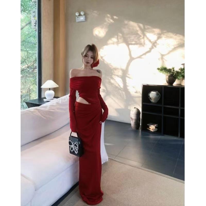 Leichter Luxus atemberaubende Atmosphäre rotes One-Shoulder-Kleid Damen reine Begierde sexy Patchwork-Netz