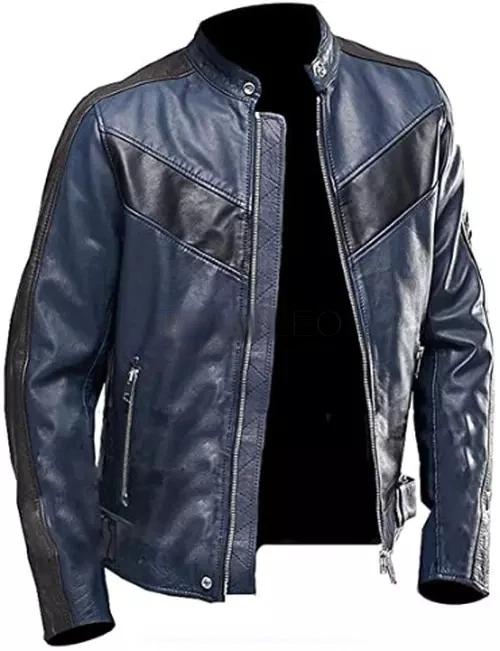 

Blue & Black Contrast Men s Genuine Handmade Leather Lambskin Jacket Motorcycle Bike Rider Stylish 3XL