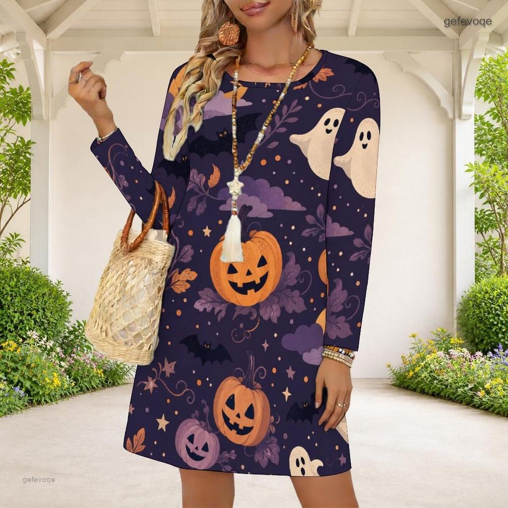 Women Plus Size Dark Purple Round Neck Long Sleeve Halloween Printed A Line Dress