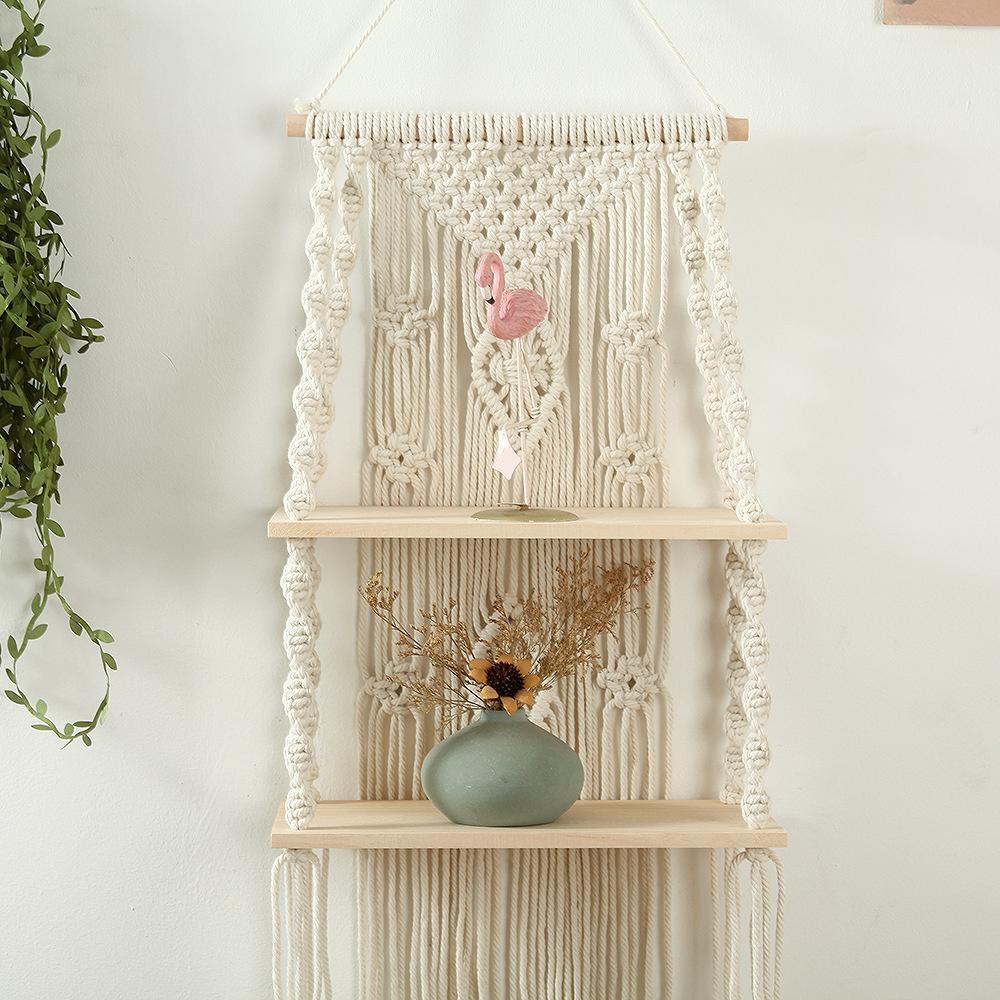 Handmade Tassel Macrame Tapestry Wall Hanging Shelf Boho Cotton Rope Woven Plant Hanger Wood Floating Shelf Wall Decoration