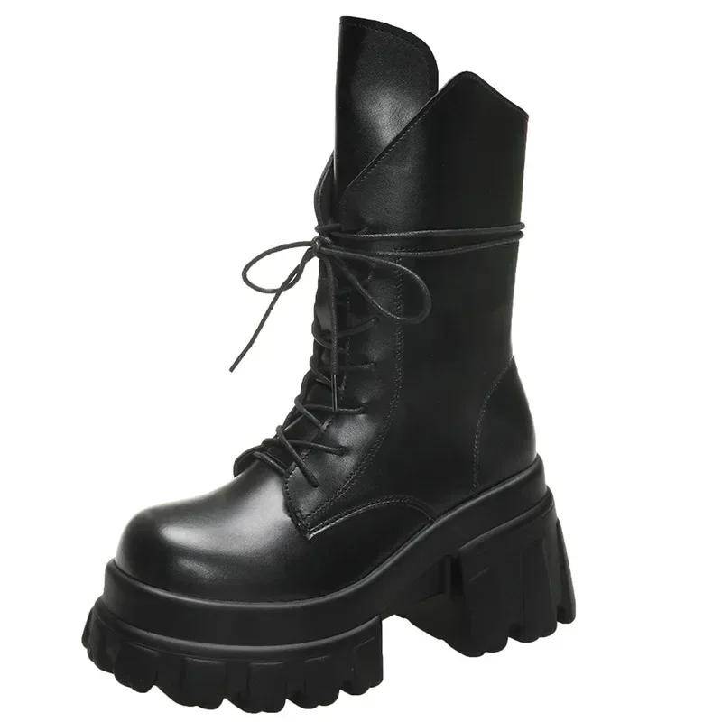 Women's Mid-Calf Boots New Fashion Lace-up Patent Leather Chunky Shoes Autumn High Heel Platform Black Motorcycle Boots